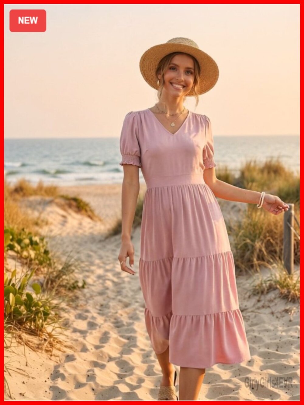 Women's V-Neck Smocked Short Sleeve Tiered Midi Dress with Pockets - Picture 7 of 7
